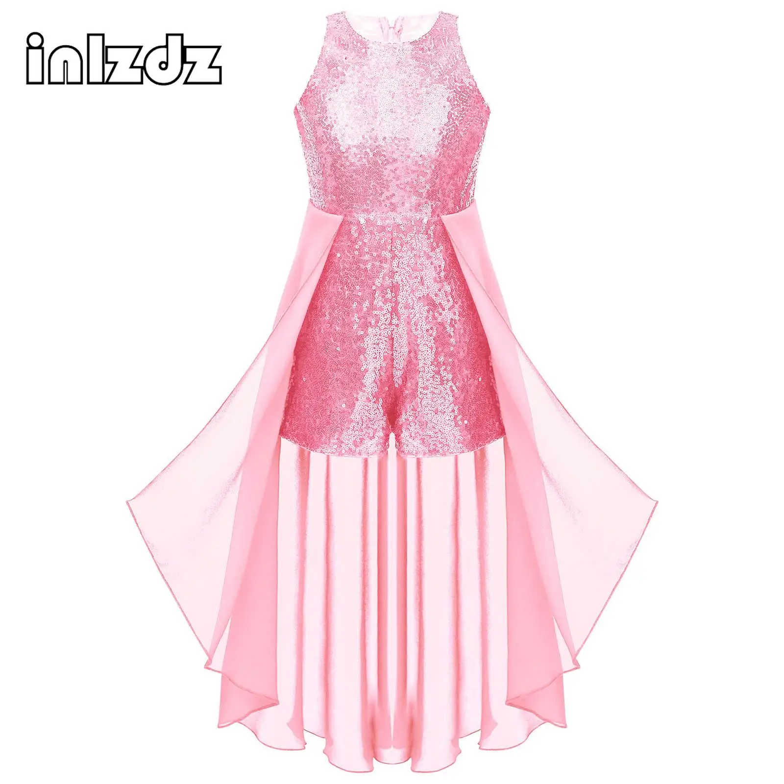 Kids Girls Contemporary Lyrical Dance Dress Ballet Gymnastic Romper Dress Sequins Sleeveless Prom Party Performance Costume