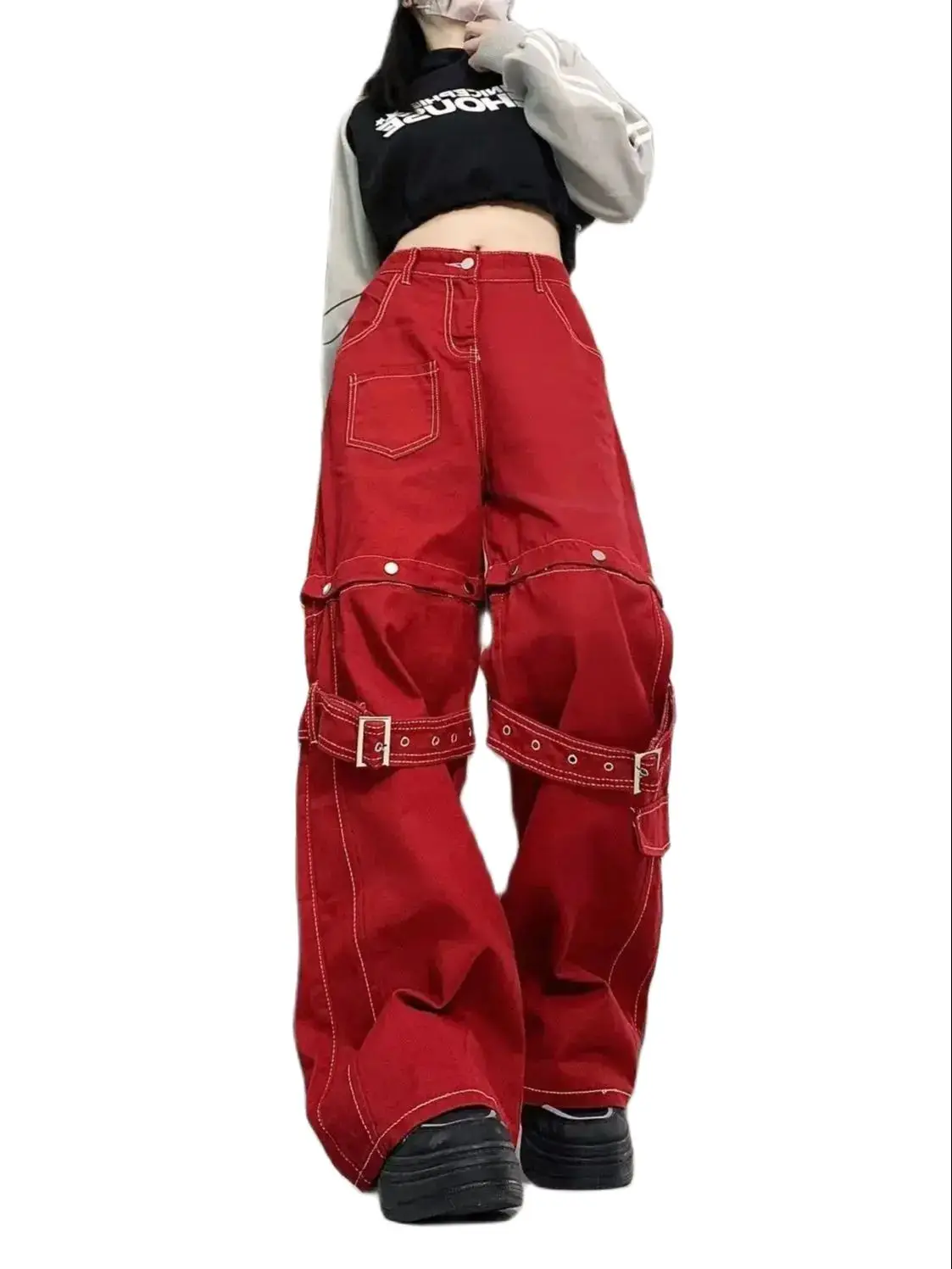 Jeans Red Spliced ​​Bandage Detachable Loose Design New Spicy Girl Y2K High Street Women American Relaxed Wide Leg Long Pants