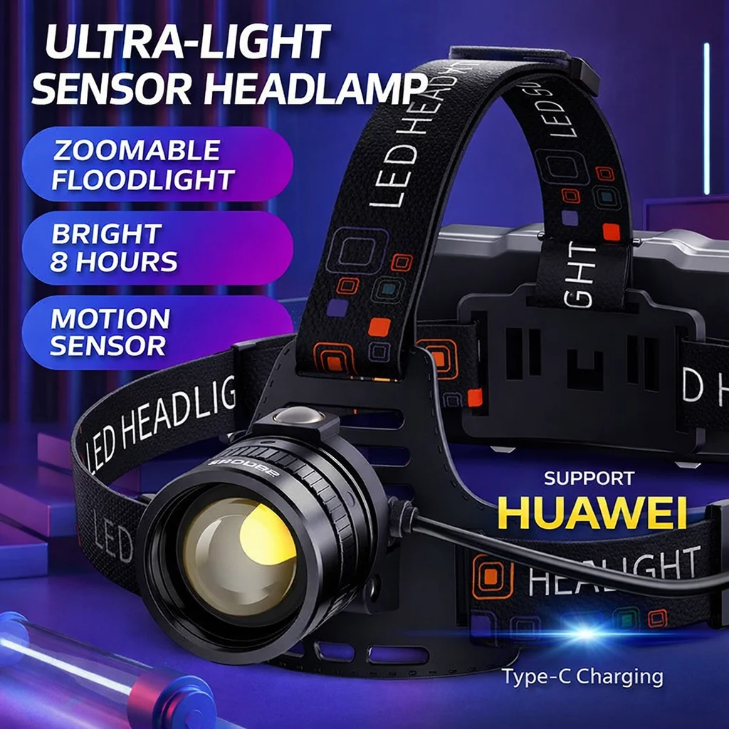 Rechargeable LED Headlamp Super Bright Waterproof Hands Free Headlight Camping Fishing Mining Long Lasting Motion Sensor Light