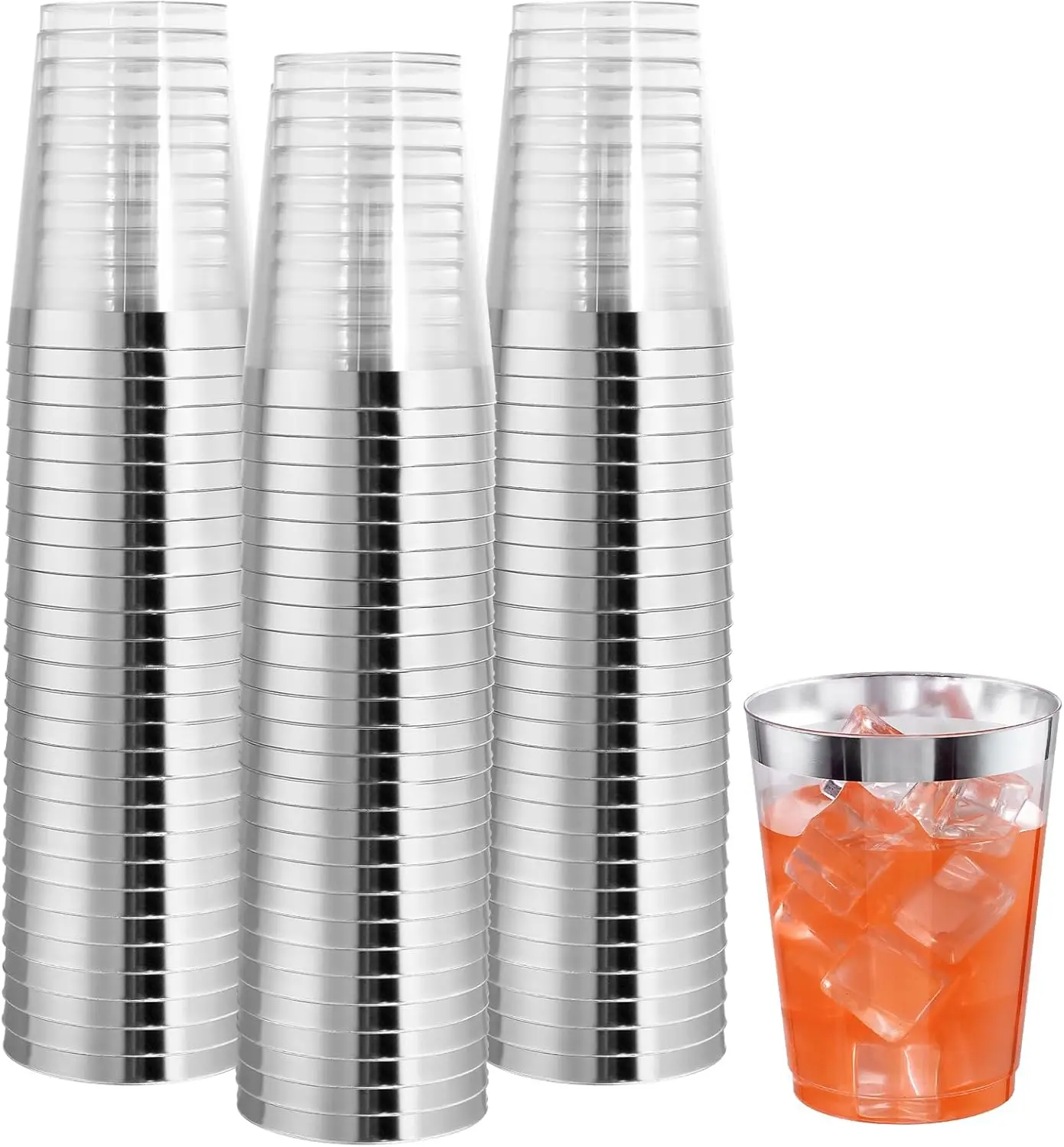

100PCS Silver Plastic Cups,10 oz Clear Plastic Cups with Silver Trim, Heavy-Duty Disposable Hard Cup For Party, Premium Cup P