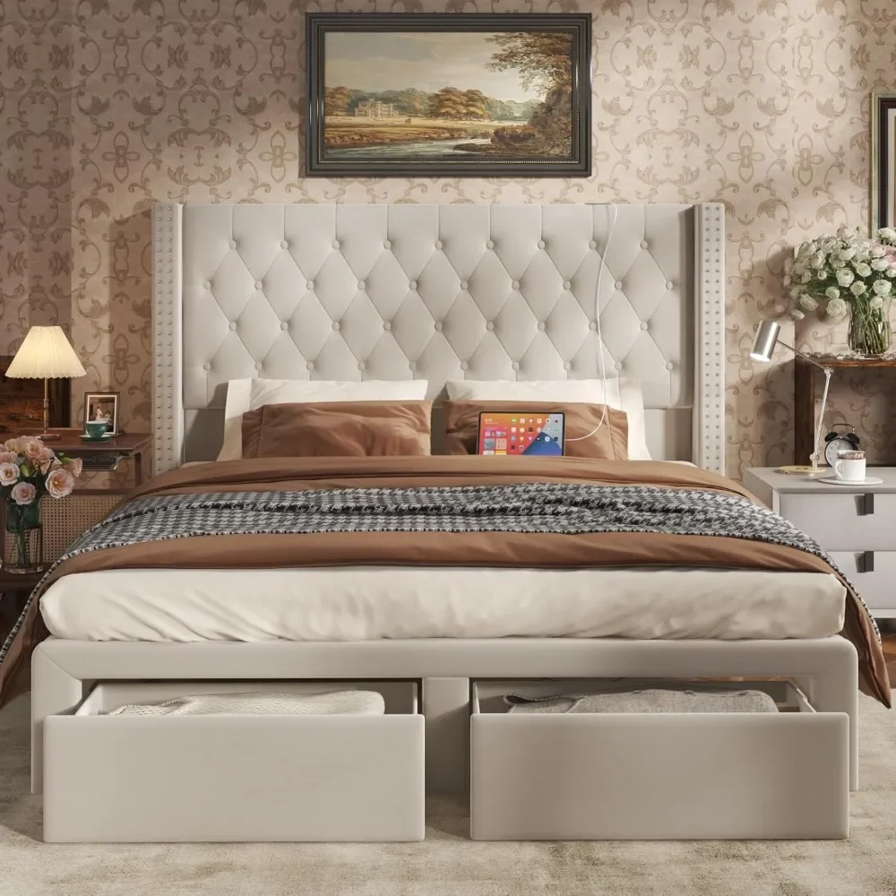 Bed Frame Queen with Headboard and Storage, Tall Bed Frame with 2 Drawers, Tufted Wingback Bed Frame Queen Size LED Light