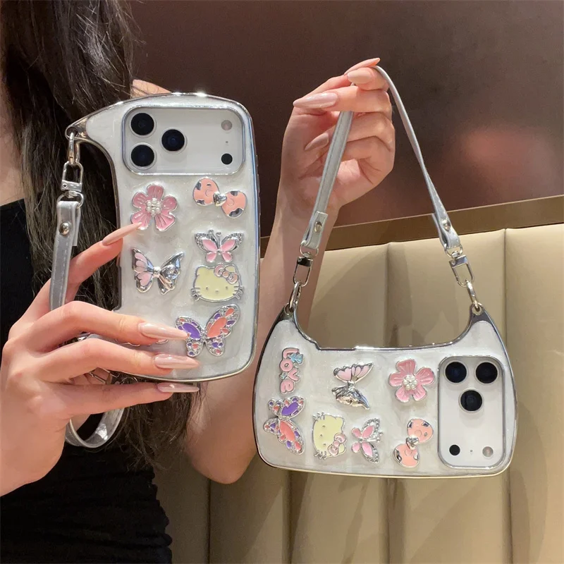 

Korean Cute Flower Butterly Kitty Phone Case For iPhone 17 Pro 15 16 14 Pro Max Cover with Hand Chain Shockproof Cartoon Cases