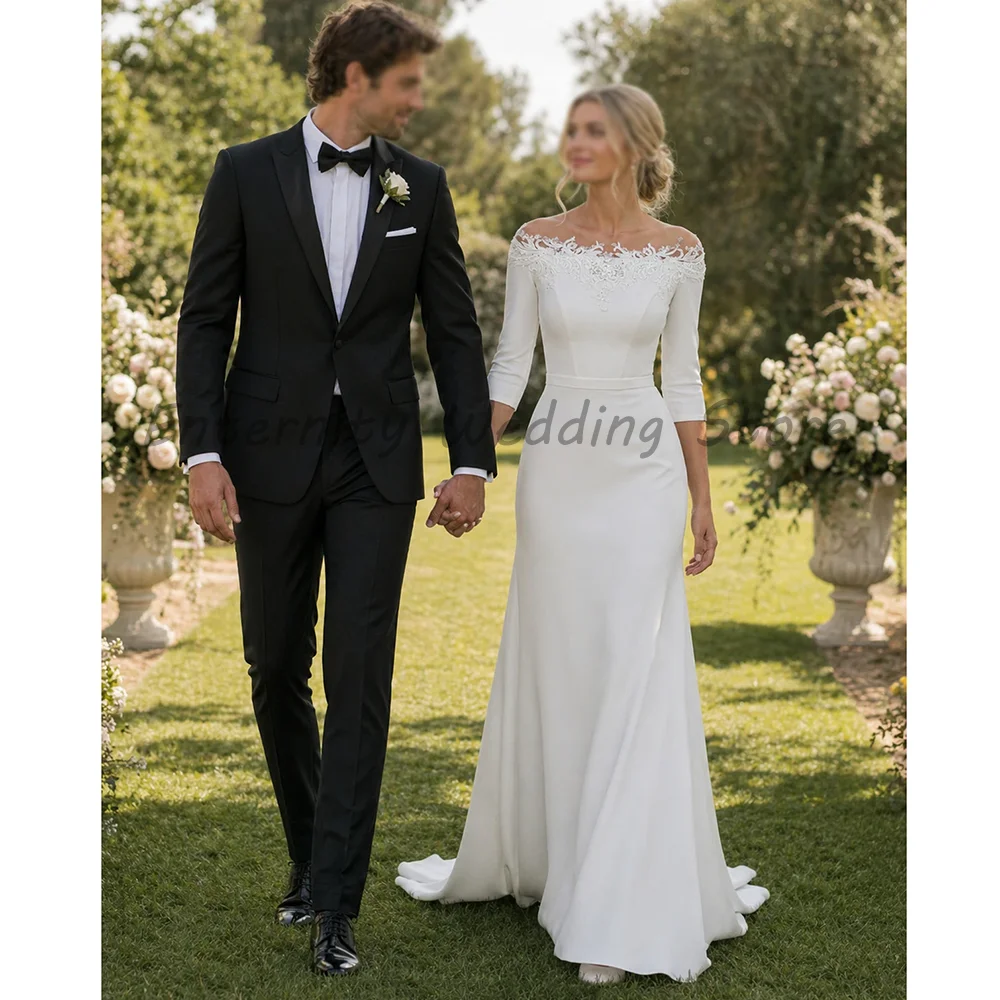 Ivory Crepe Mermaid Wedding Dress Off‑Shoulder Illusion Lace Neck 3/4 Length Sleeves Simple Fit Flare Chapel Train Bridal Gown