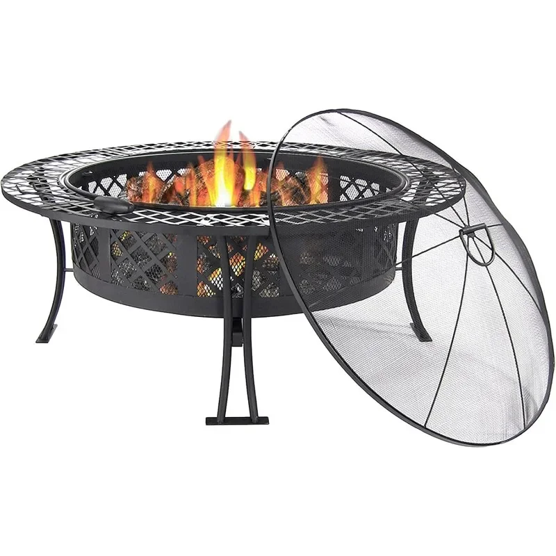 Sunnydaze 40-Inch Round Steel Fire Pit Table with Durable Spark Screen and Poker - Portable Design - Black - Diamond Weave