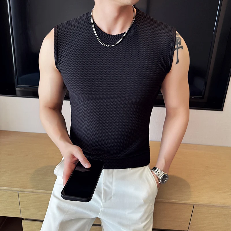 

Korean Slim Fit Sleeveless T-shirt for Men Summer Ice Silk Elastic Round Neck Vest Solid Color Casual Streetwear Tank Tops 2025