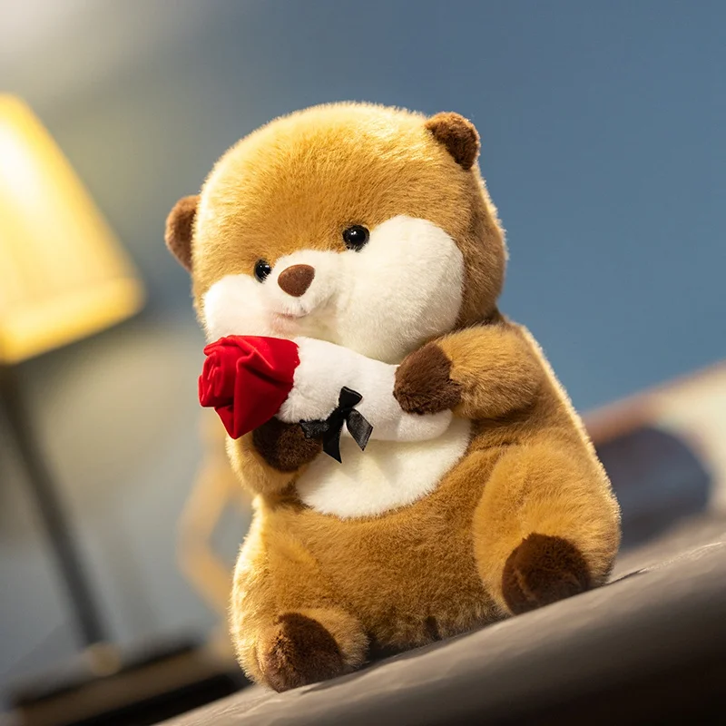 Stuffed Capybara Plush Toys With Rose Flowers In Hand Kawaii Animal Toys Soft Fluffy Capybara Toy For Girls Women Valentine Gift-image