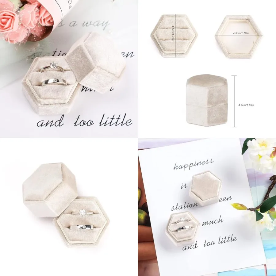 

Velvet Jewelry Ring Box, Hexagon Premium Gorgeous Vintage Double Ring Gift Box with Detachable Lid for Proposal Engagement Wedding Ceremony(Beige)