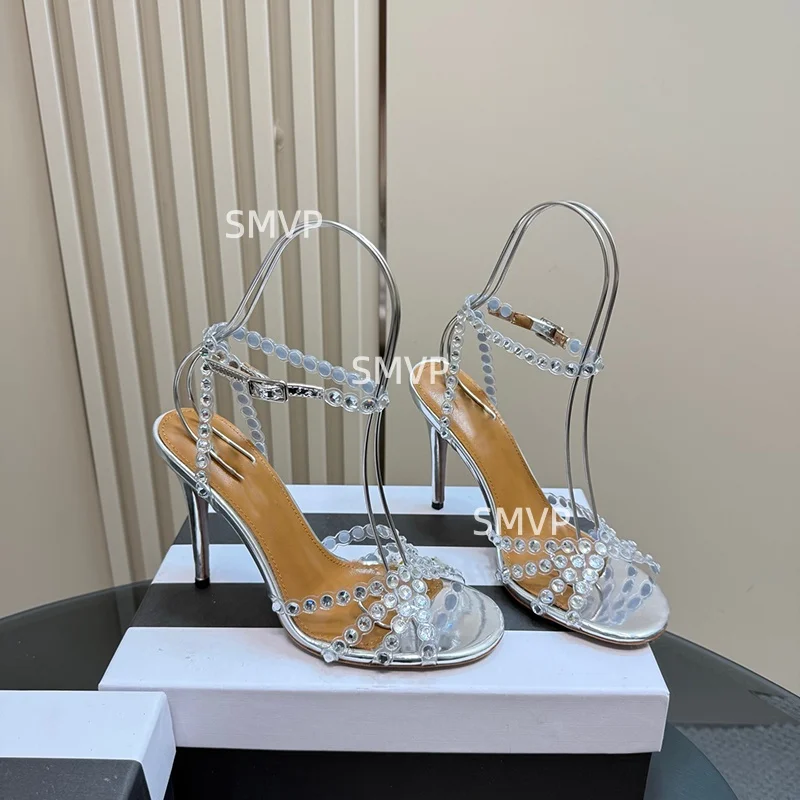 Women Crystal Rhinestone High Heel Sandals 2026 Summer New Toe Ankle Strap Thin Heels Transparent Silver Party Wedding Shoes