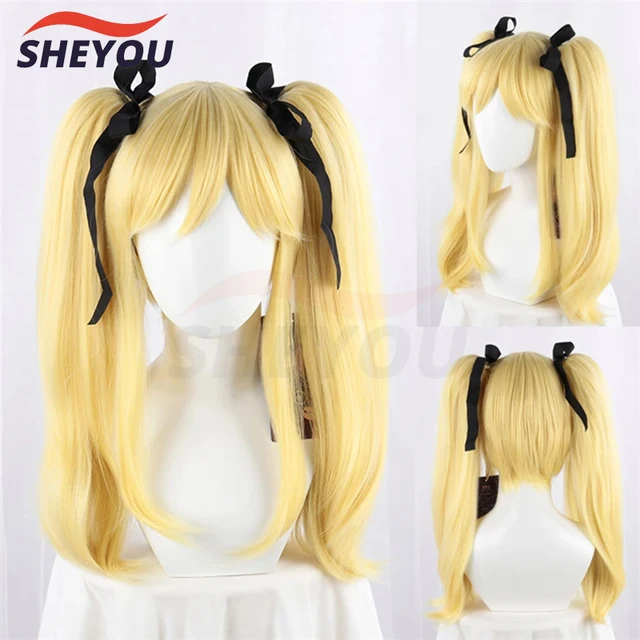 Wysokiej jakości Anime Kakegurui Mary Saotome Meari blond włosy w koński ogon żaroodporna peruka do Cosplay + jedwabna czarna wstążka + czapka z peruką