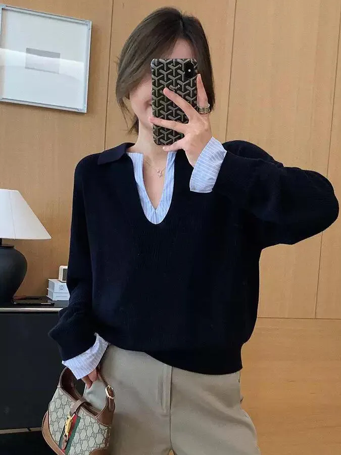 Fashionable V-Neck Striped Knitwear Women's Autumn Season Color Block Artistic Style Loose Fit Long Sleeve Shirt