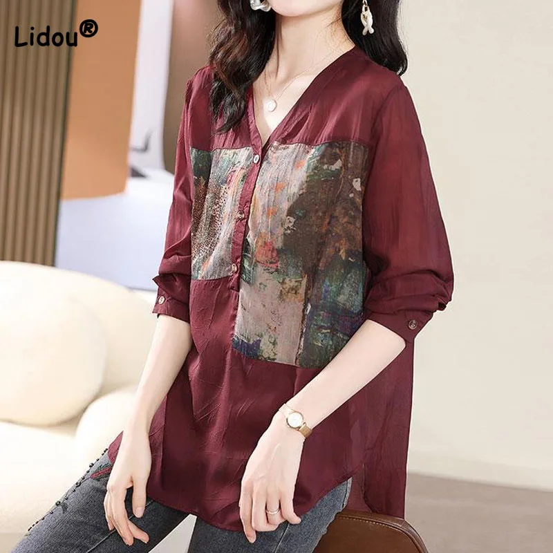 Summer New Fashion Printed Spliced V-Neck Button Shirt 2023 Women\'s Clothing Casual All-match Long Sleeve Thin Blouse Female