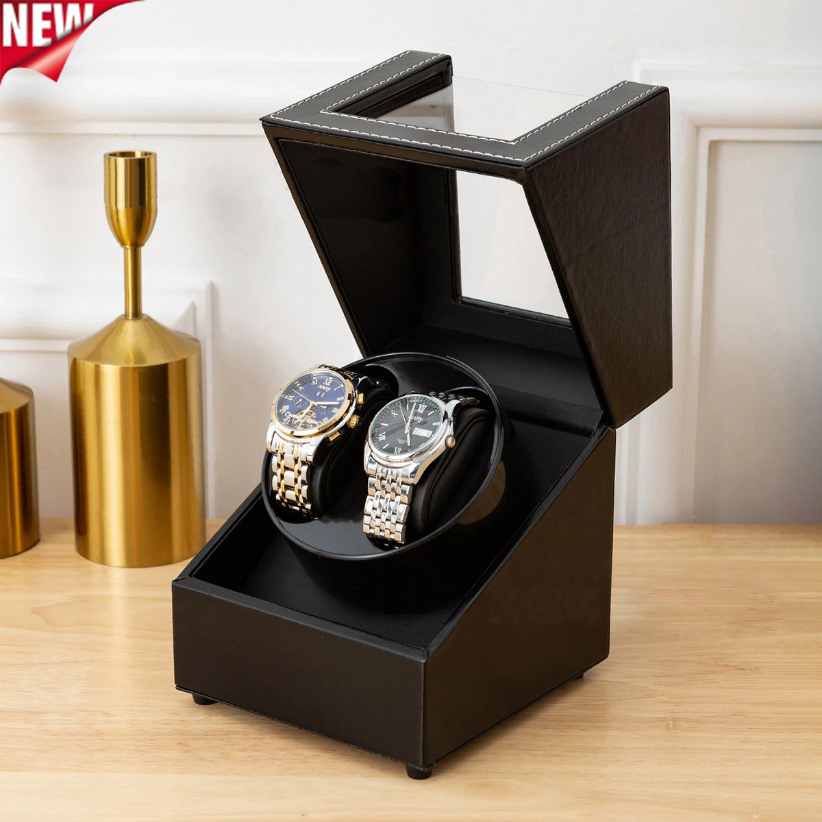 Double Watch Winder for Automatic Watches Automatic Watch Winder Leather Box 2 Slots Watch Winder for Men with Quiet Motor