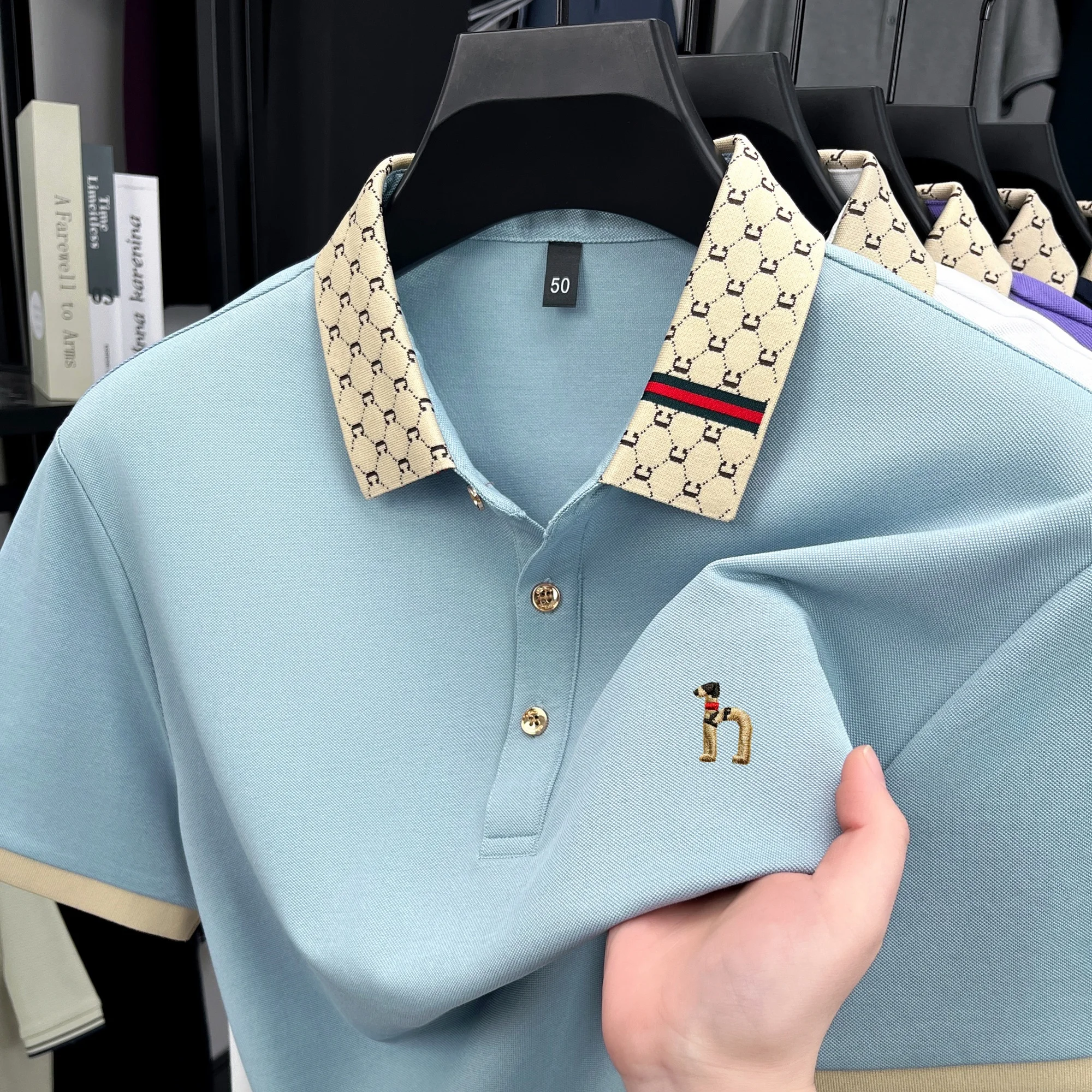 

High end brand men's polo shirt short sleeve summer trend cartoon dog embroidery T-shirt business casual comfortable fashion top