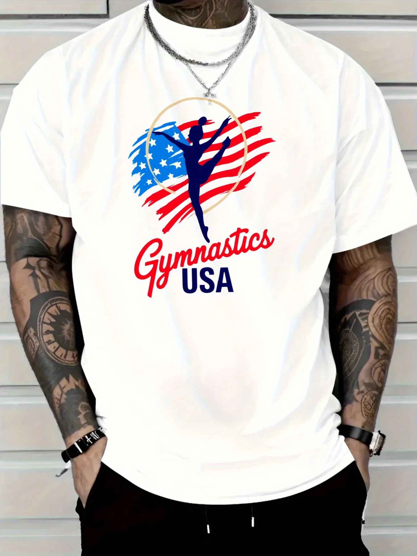 

Pure Cotton Men's Gymnastics USA T-Shirt Red Graphic Tee with Patriotic Design Casual T-shirt