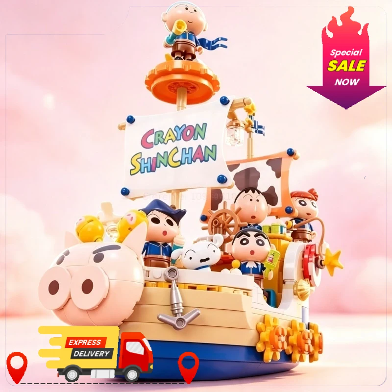 New Crayon Shinchan Kasukabe Voyage Ship Building Blocks Set Light Up Decorative Collectible Toy Gift For Kids Aged 10 And Above