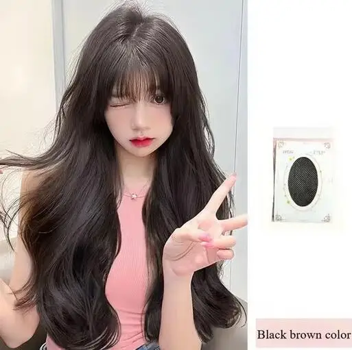 Wig ombak air panjang cokelat dingin wanita, Wig sutra Cosplay dengan poni untuk pesta sehari-hari rambut sintetik lembut tahan panas