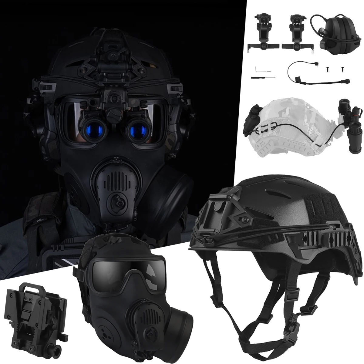 

FM-53 GAS Mask Airsoft Helmet Set with Tactical Headset Night vision goggles model NVG Mount CS Game Hunting Shooting Cosplay