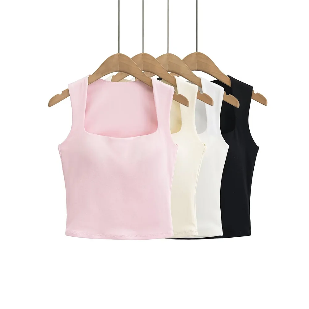 Zach Ailsa 2024 Summer New Product Women's Fashion Square Neck Sleeveless Tank Top with Chest Cushion Tight Back Top