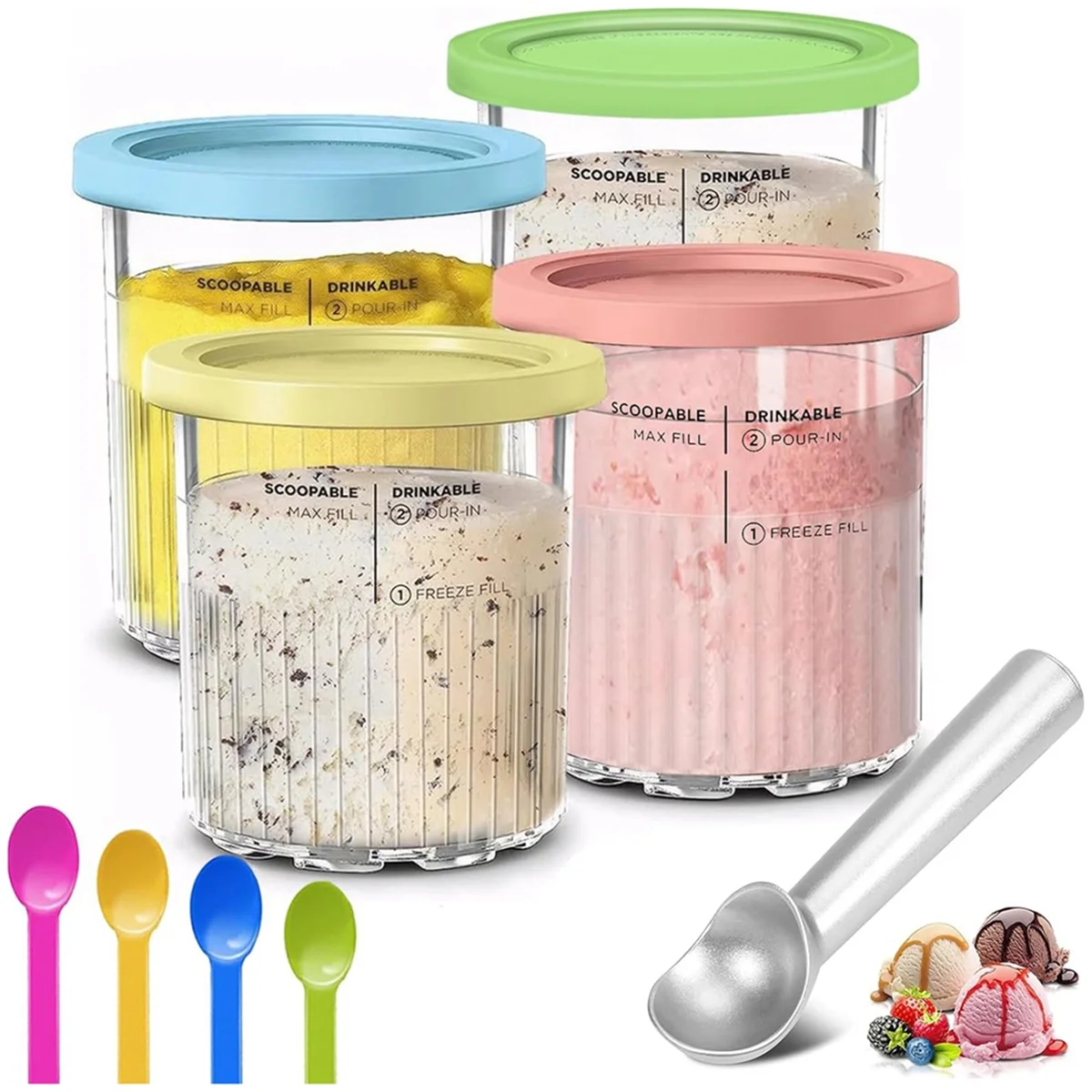 Contenedores de helado de repuesto para Ninja Creami, pintas y tapas, tazas de 24oz, Creami Deluxe NC501 NC500 Series con cucharas