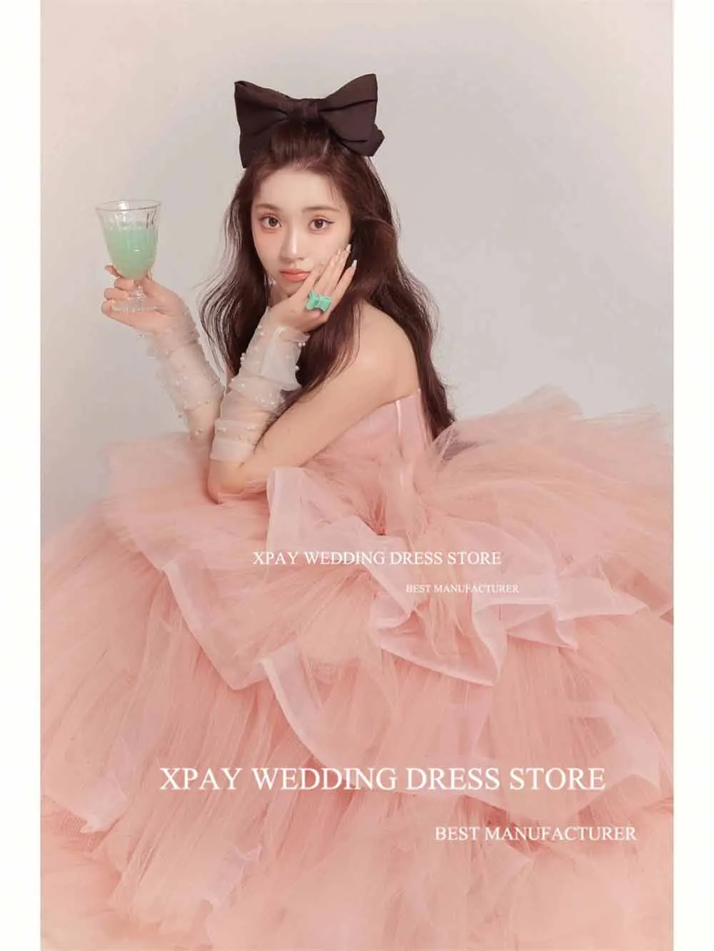 XPAY Blush Pink Sweetheart Korea Evening Dresses A Line Sleeveless Ruched Tiered Formal Party Prom Gown For Wedding Photos Shoot