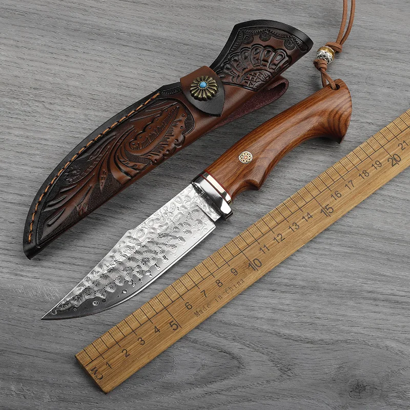 

VG10 core Damascus steel sand iron wood handle fixed knife, outdoor camping survival self-defense portable tool knife