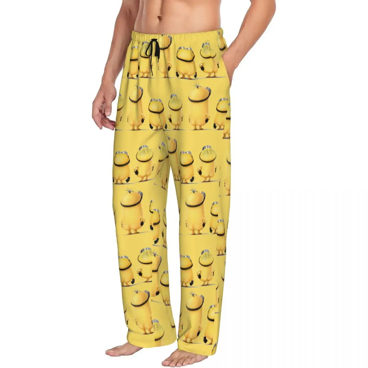 Pantalon de pyjama imprimé personnalisé M-Minions pour hommes, fond de vêtements de nuit de dessin animé mignon, fond avec poches, papier peint