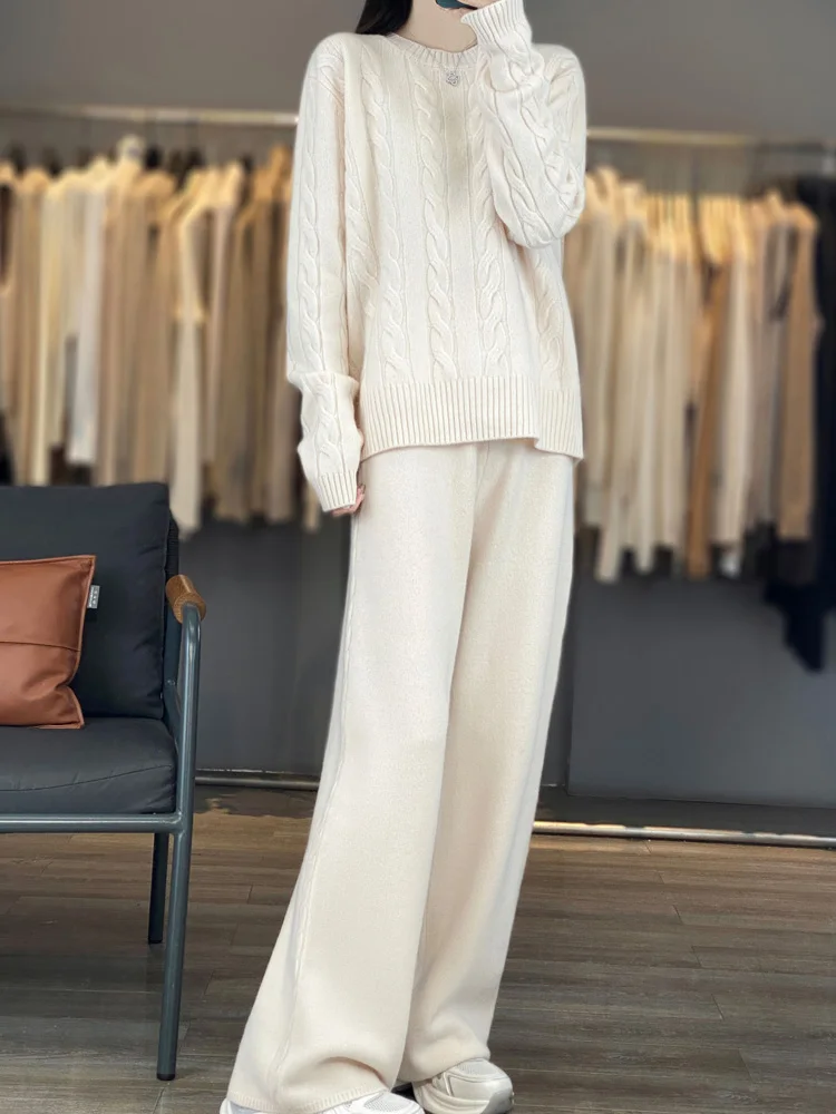 High Quality Wool Knitted Two Piece Set Autumn Winter New Women Solid O-neck Sweater and High Waist Wide Leg Pants Matching Suit