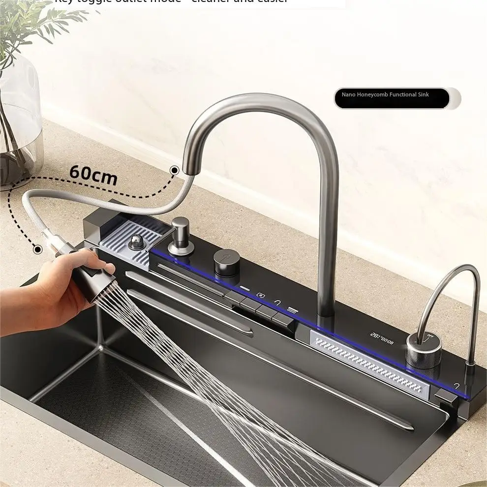 Imagem -03 - Honeycomb Kitchen Sink com Display Digital 304 Cup Washer Cachoeira de Aço Inoxidável Início Mais Novo 4.0 Espessura do Painel Casa