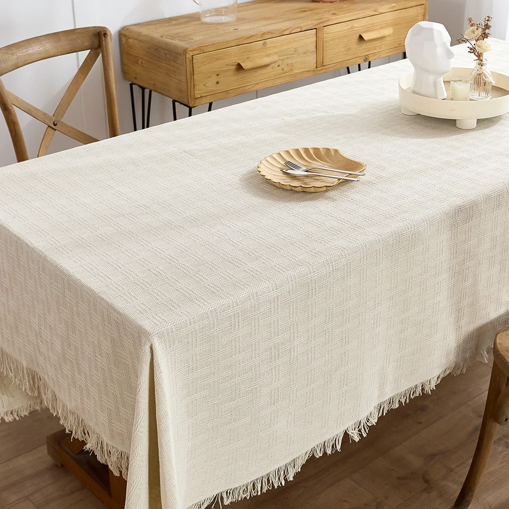 Cotton Linen beige Tablecloth Square Table decor Burlap Table  Covers with Tassel for Kitchen Dinning Picnic Wedding Party