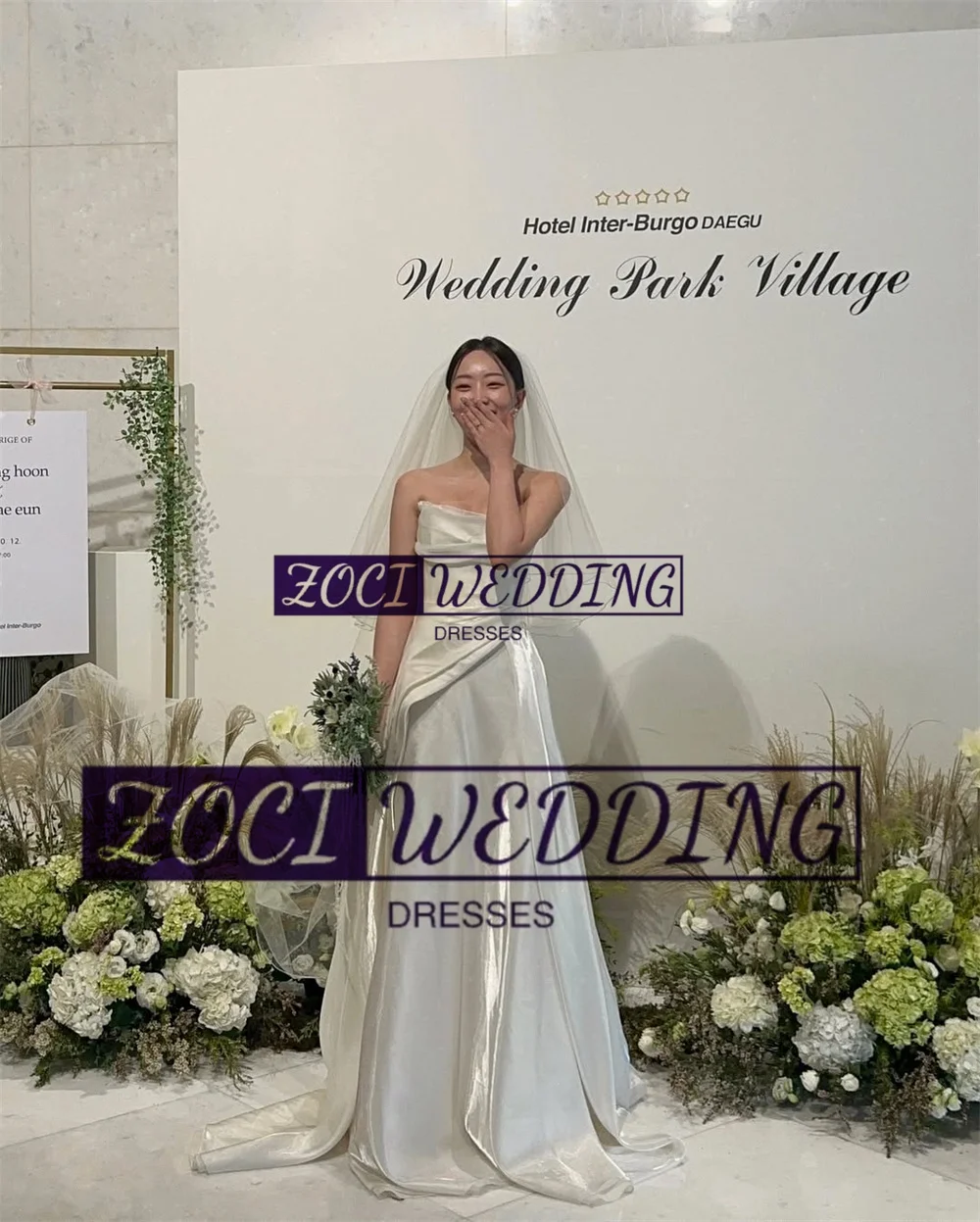 Zoci elegante sem alças coreia vestidos de casamento cetim macio plissados decote em v fotos sessão vestido personalizado sem costas espartilho vestido de noiva