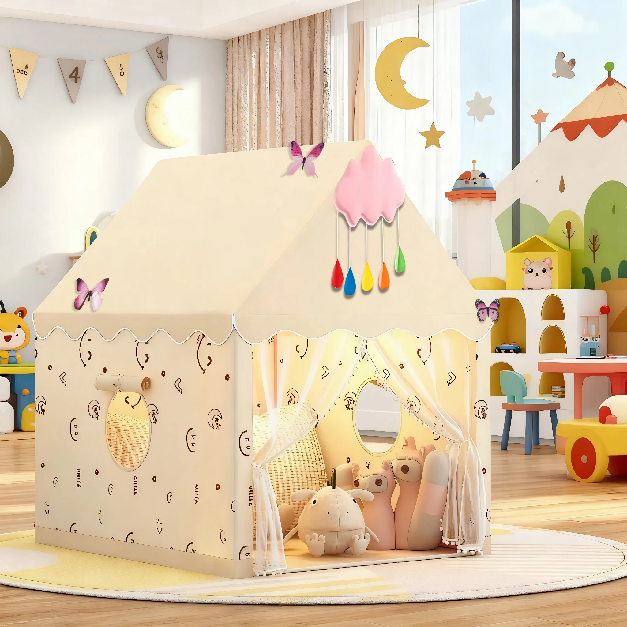Bed Canopy Partition Tent, Children's Fun Playhouse Tent, Fairy Tale Castle Tent, Pretend Play Tent, Children's Play Tent, Kids' Secret Space, Portable Toy Playhouse, Includes Clouds/Butterflies, Birthday/Christmas/Thanksgiving/Halloween Party Decorations, Holiday Gift, Does Not Include Lights