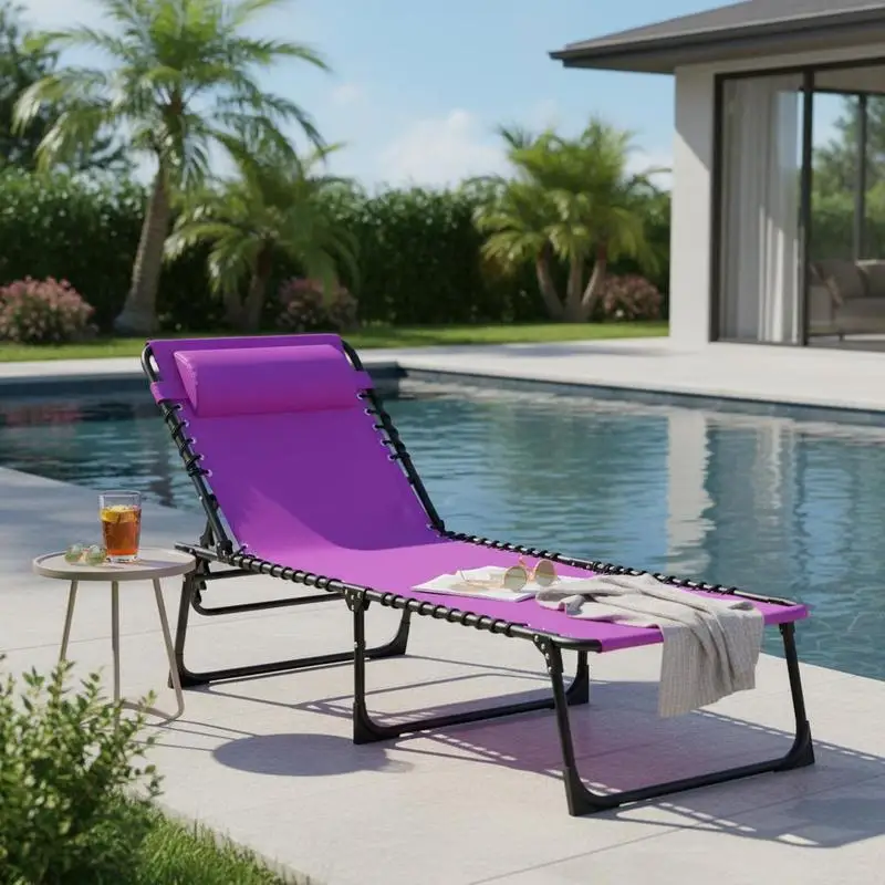 Folding Chaise Lounge Pool Chair with 4-Position Reclining Back, Pillow, Breathable Mesh & Bungee Seat, Purple