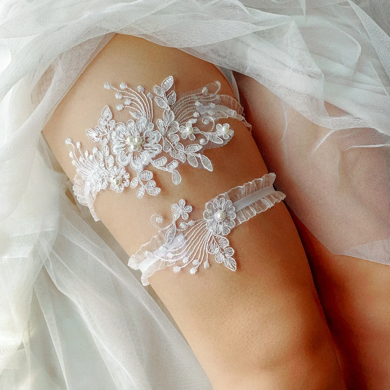 2pcs Sexy Lace Flowers Pearls Garters Wedding Elastic Bridal Leg Loop Photography Props Party Accessories