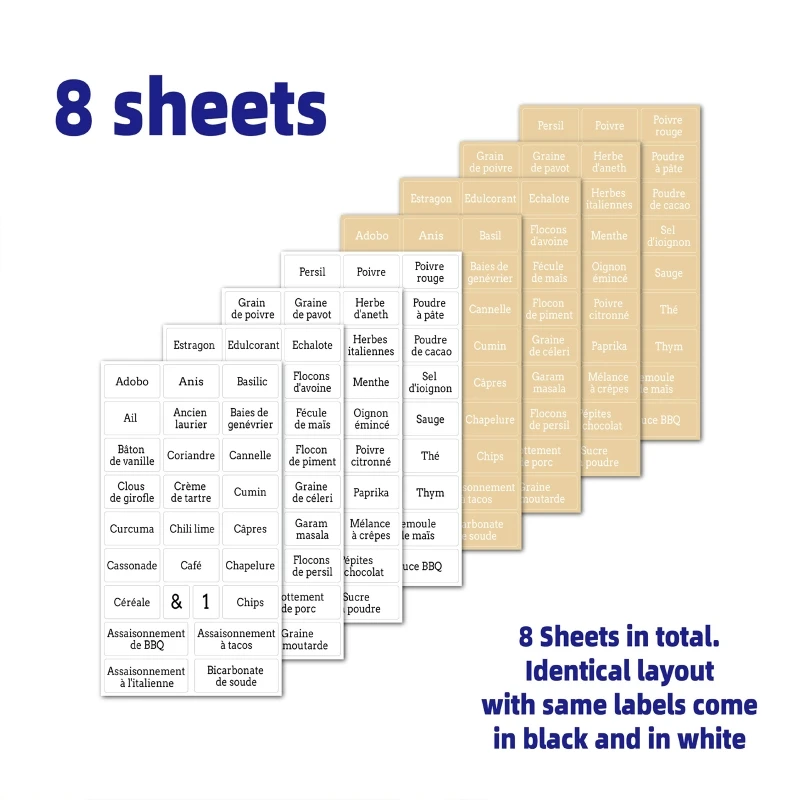 Etiquetas frascos especiarias francesas pré-impressas 104 letras brancas 104 letras pretas adesivos transparentes à