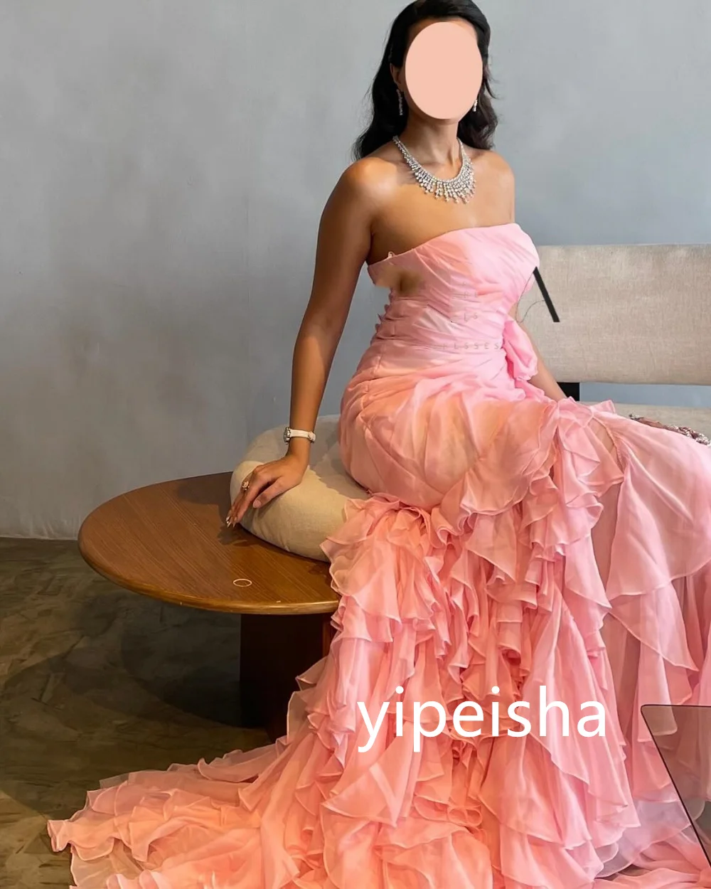 Customized Modern Style Chiffon Pleat Mermaid Strapless Long Dresses Homecoming Dresses Pastrol Unisex Chinese Style Formal Casu