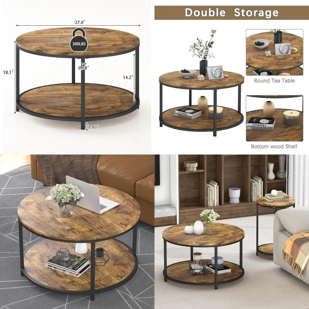 

Rustic 2-Tier Brown Coffee Table with Storage Shelf, 27.5 Modern Living Room Furniture