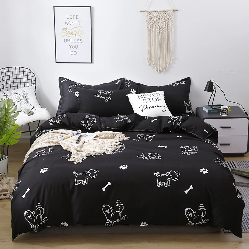 1PC All-Season Duvet Cover: Black & White Cartoon Dog/Paw/Bone, Never Stop Dreaming, Skin-Friendly for All Bed Sizes