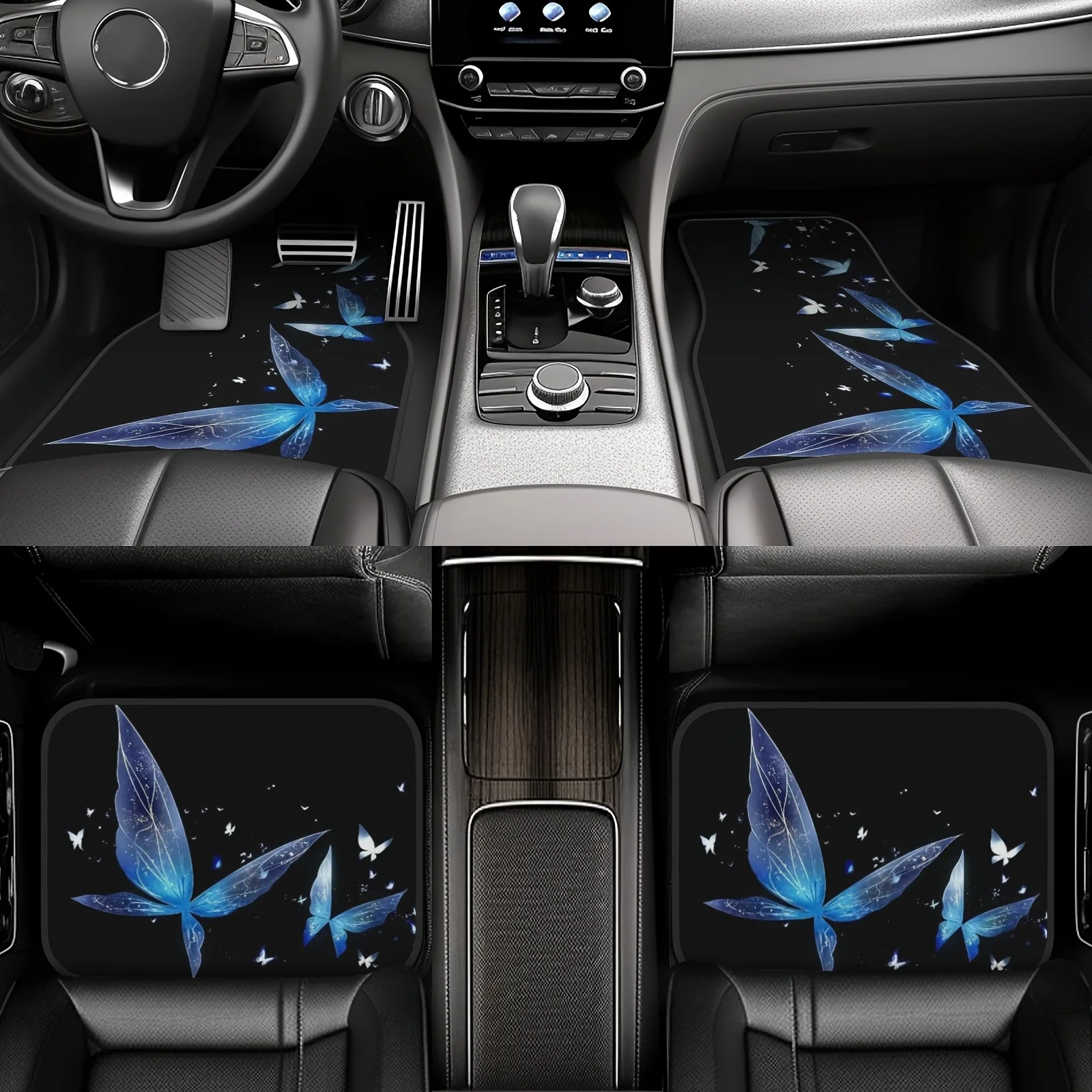 Set Of 4 Fantasy Wing Star Butterfly Design Car Floor Mats - Cozy Crystal Velvet Vehicle Mats, Complete Front & Rear Coverage Fo
