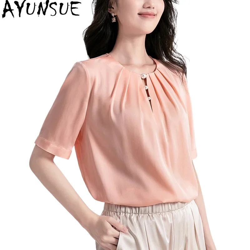 AYUNSUE 100% Real Mulberry Silk T Shirt Women Summer Clothes Casual Tops Essentials Korean Fashion Solid Top 2024 Топ Женский