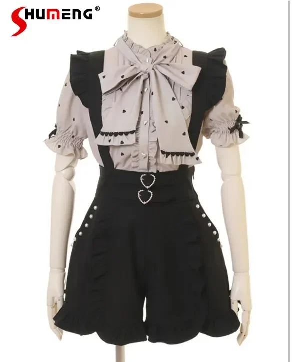 Spring Summer New Japanese Lolita Style Jumpsuit Sweet Girls Wear Suspender Shorts Lace-up Heart Buckle Bodysuit for Women