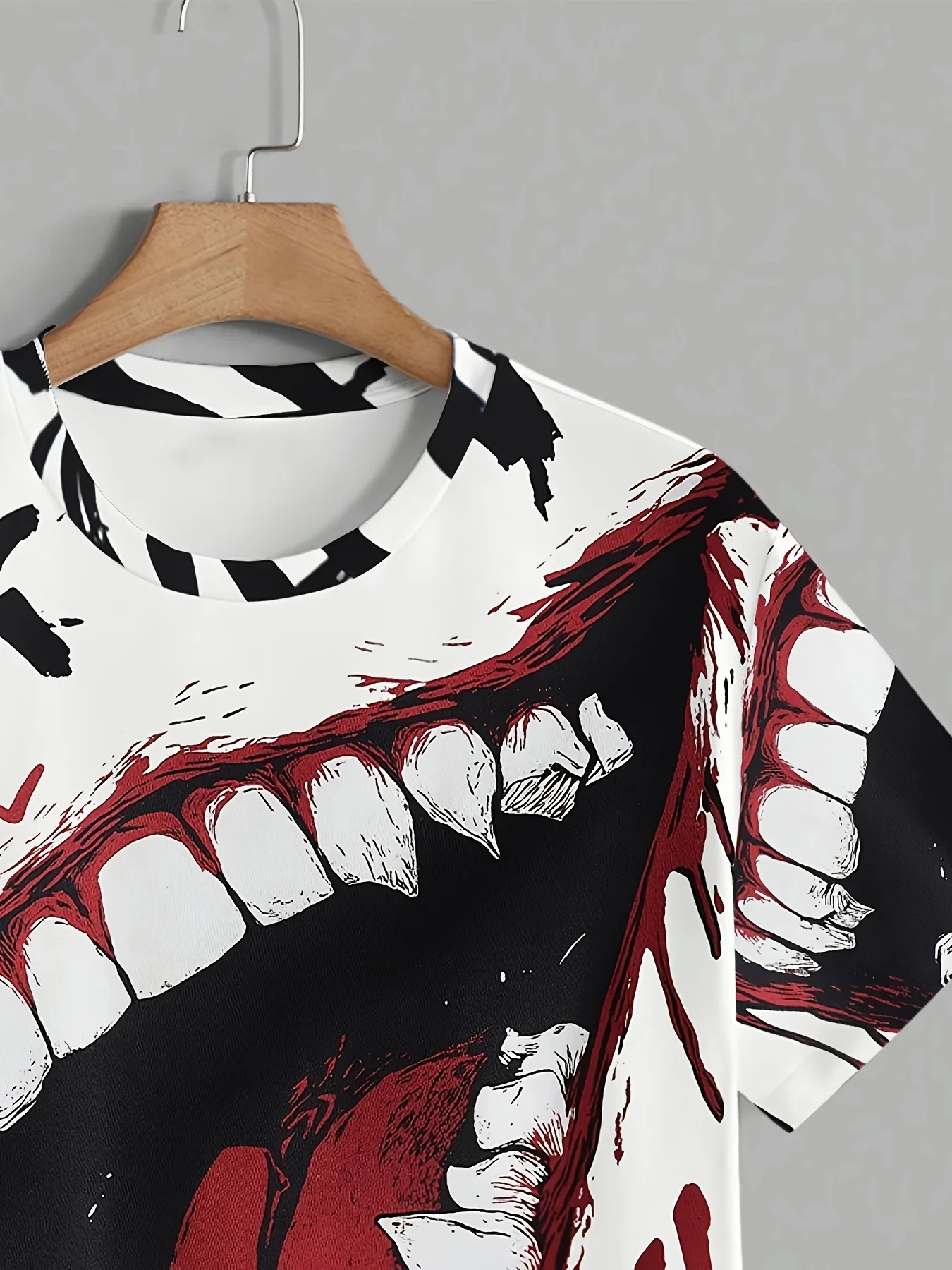Herren-T-Shirt mit weißem Grundmuster, Horror-Großzahnteeth-Blutstropfen-Print, O-Ausschnitt, Kurzarm, Hip-Hop-Streetwear, Lässige Oberteile – Detail 4