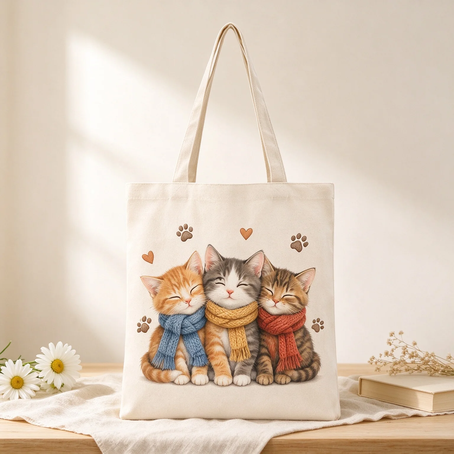 Three Kittens With Scarf Canvas Tote Bag Women Reusable Shopping Bag Casual Handbag For School Travel Daily Use Gift