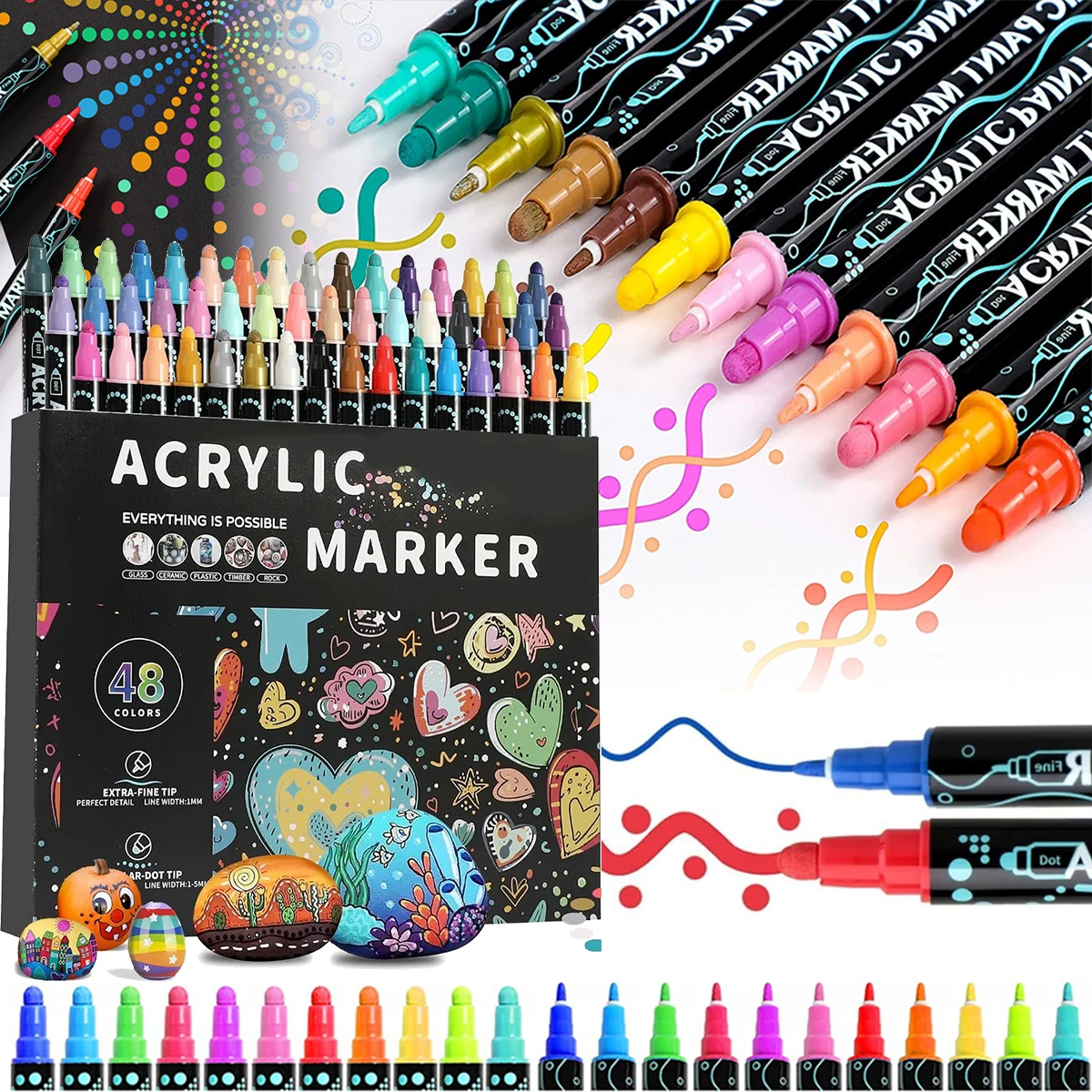 

12-48Color Set Dual Tip Acrylic Paint Pens Markers for Wood Stone Rock Painting Glass Ceramic Surfaces DIY Crafts Egg Decorating