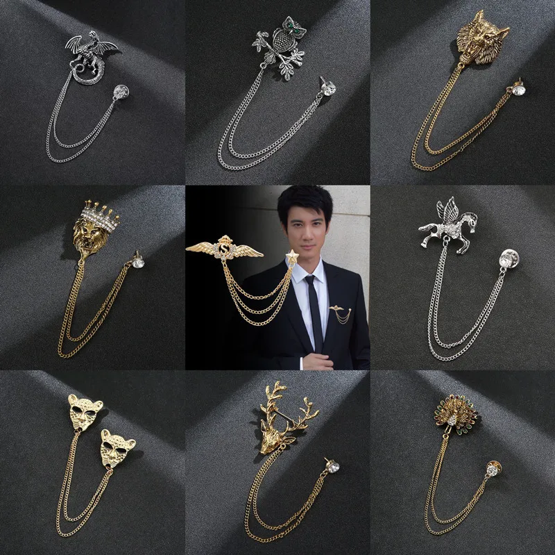 Owl Men's Classic Animal Lion Head Corsage Suit with Eagle Chain Fashion Pin Brooch Accessories