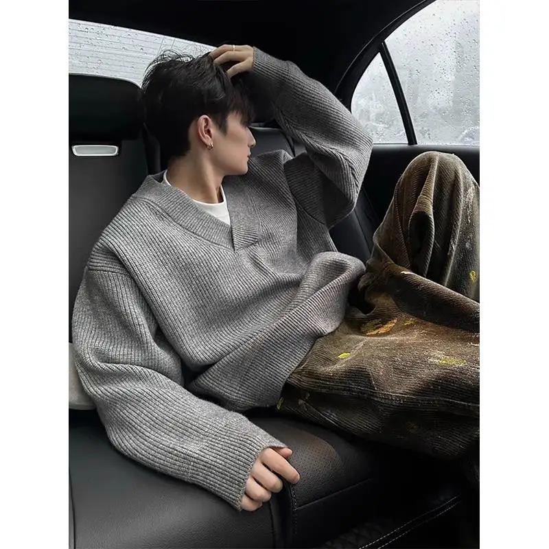 

Американский ретро ey V-Ne вязаный свитшот, мужской осенне-зимний тяжелый теплый базовый слой, модный брендовый свитер