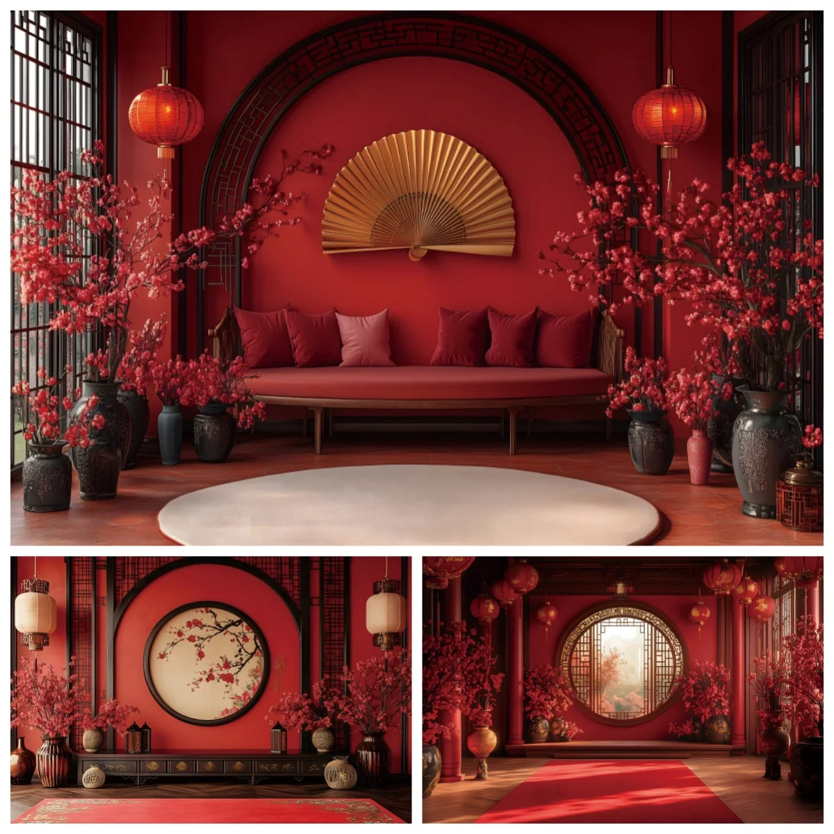 Chinese Style Backdrop Photography Red Lantern Flowers Wedding Party Decor Family Artistic Portrait Background Photozone Props