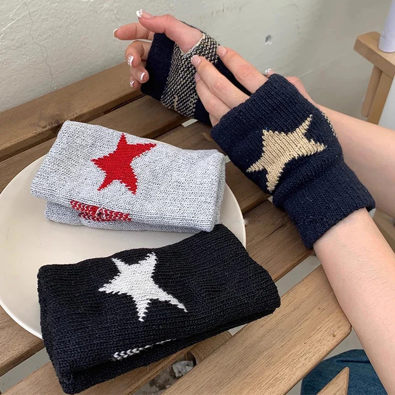 Women\'s Winter Warm Knitted Fingerless Gloves Y2K Five-pointed Star Pattern Gloves Gothic Warm Knitted Fingerless Women\'s Winter