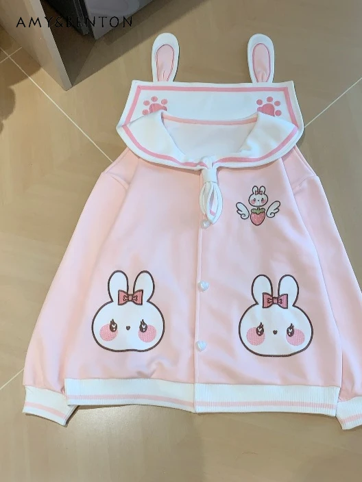 

Sweet Cute Rabbit Embroidered Navy Collar Long Sleeve Single-Breasted Jacket Autumn New Versatile Kawaii Pink Loose Jacket Women