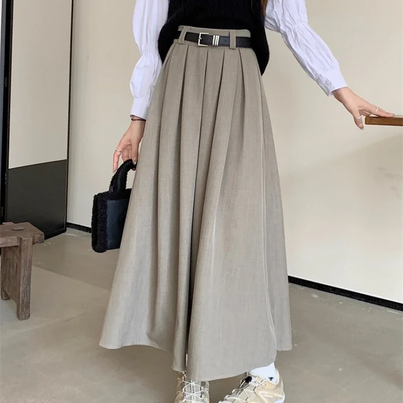 

Korean Grey Pleated Skirts Women Elegant Solid Color Mid-length Skirt with Belt Chic Large Swing Female Long Faldas Mujer 2024