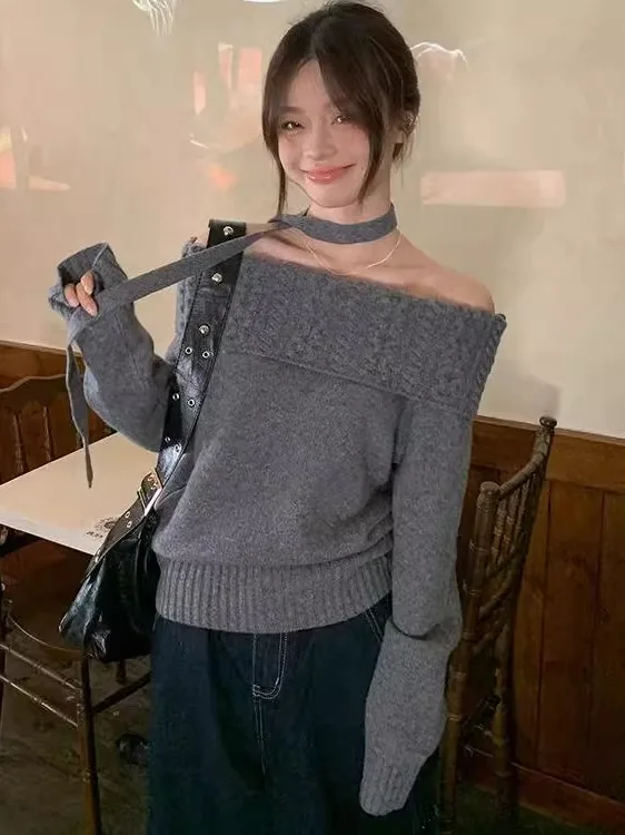 เสื้อสเวตเตอร์ไหมพรมแบบหลวมไหล่เดียวสำหรับผู้หญิง แขนยาว สไตล์ลำลอง แฟชั่นใหม่ล่าสุดสำหรับฤดูใบไม้ร่วง